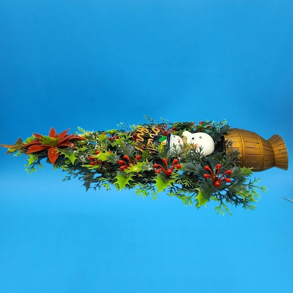 Merry Christmas Tree Snowman Flocked Poinsettia 1970s Kitsch Plastic Hong Kong - Picture 7 of 10